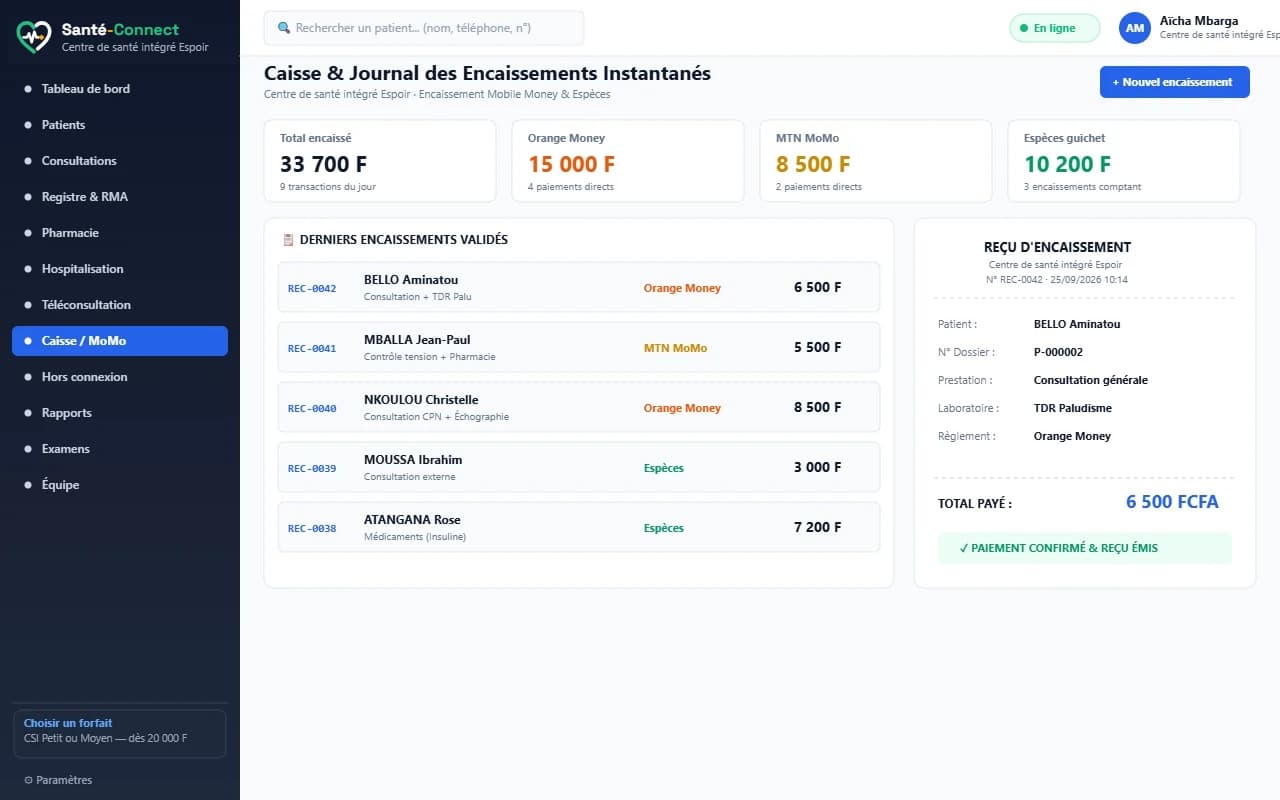 Journal de caisse et encaissement Orange Money / MTN MoMo — Santé-Connect